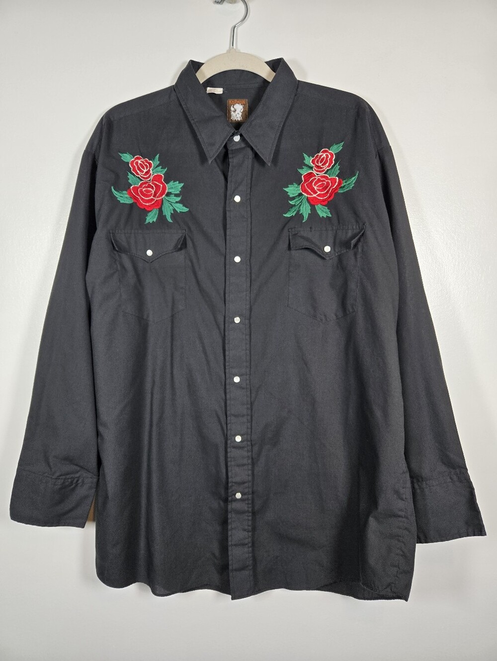 Vintage Karman Black Rose Embroidered Western Pearl Snap Button Shirt Size XL